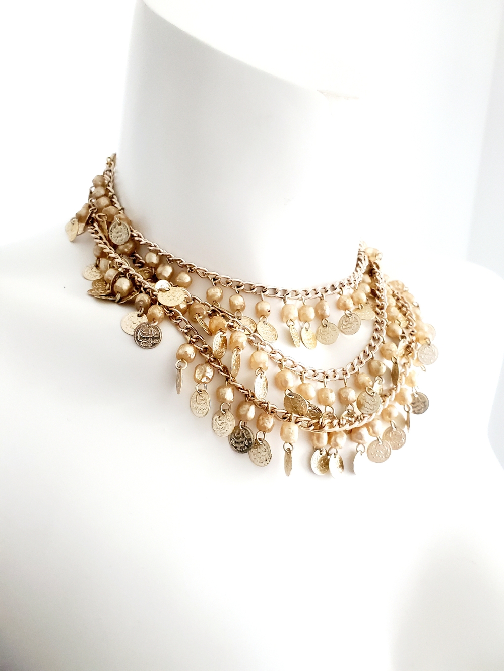 Multi-Strand Gold Tone Bib Necklace, Faux Pearl & Coin Charm. 1950s Japan